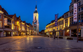 Ancient houses and tower at night, Tournai town. Belgium