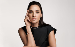 Actress Gal Gadot in a black dress with her hand near her face