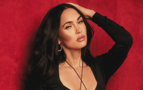 Красивая  Меган Фокс в черном платье у красной стены