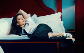 English actress Hayley Atwell lies on the bed