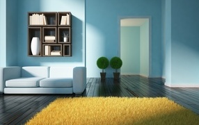 Минималистический интерьер в комнате с голубыми стенами