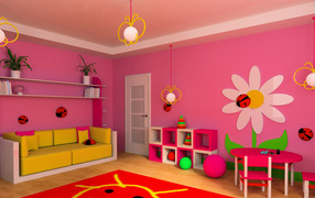 Pink walls with drawings in a children's room