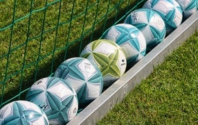Soccer balls lie near the net on the grass