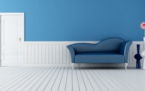 Sofa in a room with blue walls and white floor