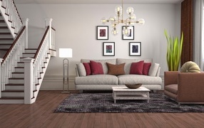 Просторная гостиная с лестницей