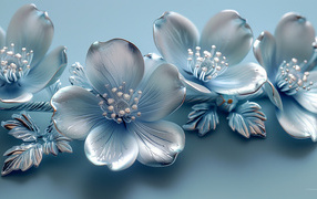 Красивые серебряные 3д цветы на голубом фоне