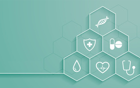 Соты с медицинскими элементами на голубом фоне