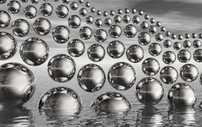 Много стеклянных 3д шаров в полете на сером фоне