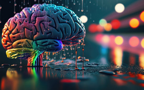 Разноцветный мозг под дождем на асфальте