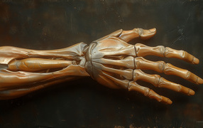 Рука скелета на серой поверхности 3д графика