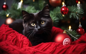 Черный кот с игрушками у новогодней ели