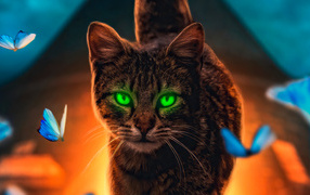 Зеленоглазый серый кот с голубыми бабочками