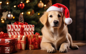 Золотистый ретривер с подарками у новогодней ели