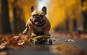Довольный французский бульдог на скейтборде