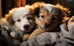 Два щенка швейцарской овчарки лежат на кровати