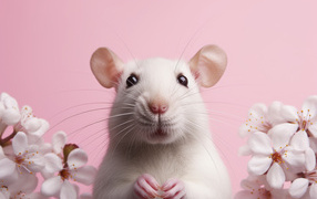White rat on a pink background with flowers