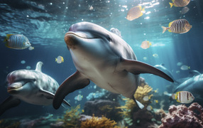 Добрые дельфины с рыбами плавают под водой