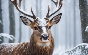 Большой олень в зимнем заснеженном лесу