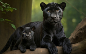 Big black panther with cub