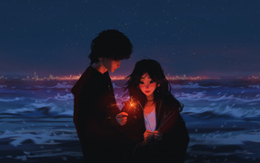 Пара аниме с бенгальскими огнями у воды