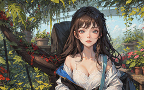 Девушка аниме в оранжерее с цветами