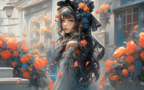 Девушка аниме в шляпе с комнате с цветами