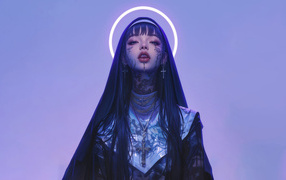 Девушка аниме в костюме монахини с татуировками на лице