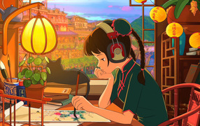 Девушка аниме в наушниках сидит за столом у окна