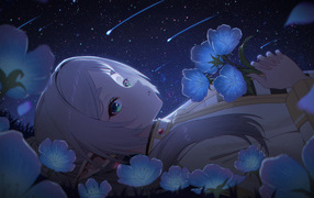 Девушка аниме лежит на земле с голубыми цветами