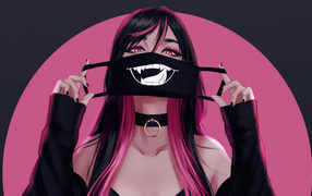 Девушка аниме с черной смешной маской на лице