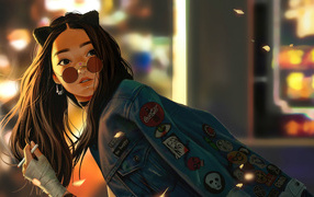 Девушка аниме с сигаретой в джинсовой куртке