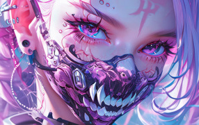 Аниме девушка с маской с острыми клыками на лице