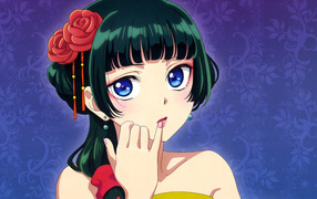 Девушка аниме с большими голубыми глазами на синем фоне