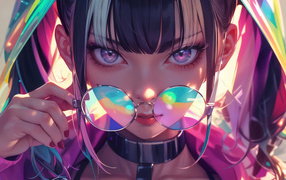 Девушка аниме с голубыми глазами с очками в руке