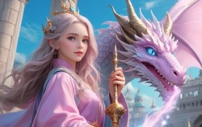 Девушка аниме с розовым драконом