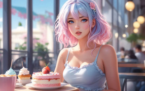 Голубоглазая девушка аниме сидит в кафе с пирожными