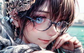 Милая голубоглазая аниме девушка в очках