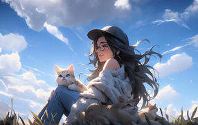 Счастливая девушка аниме на природе с котами