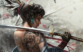 Девушка самурай с катаной в руке 