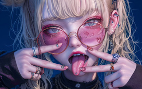 Дерзкая девушка аниме в розовых очках с высунутым языком