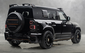 Вид сзади на черный автомобиль Mansory Land Rover Defender 110 Black Edition 2024 года