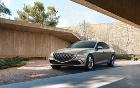 Серебристый автомобиль Genesis G80 AWD