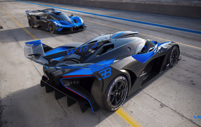 Синий автомобиль Bugatti Bolide Race Track вид сзади