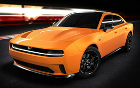 Вид спереди на оранжевый автомобиль Dodge Charger Daytona RT 2025 года