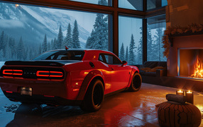 Вид сзади на красный автомобиль Dodge Challenger SRT Demon