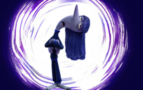 Персонаж Хандра из мультфильма Головоломка 2 на фиолетовом фоне