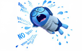 Плачущий персонаж Печаль из мультфильма Головоломка 2 на белом фоне с надписями