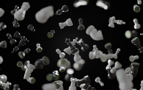 Черные и белые шахматные фигуры парят в воздухе