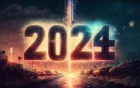 Цифры 2024 на фоне взрыва