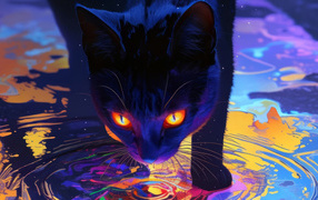 Черный кот с яркими оранжевыми глазами идет по воде